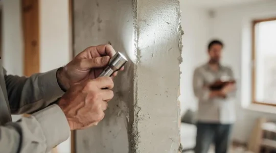 Persona inspeccionando de cerca el acabado de una pared recién reformada con una linterna, comprobando la calidad del trabajo