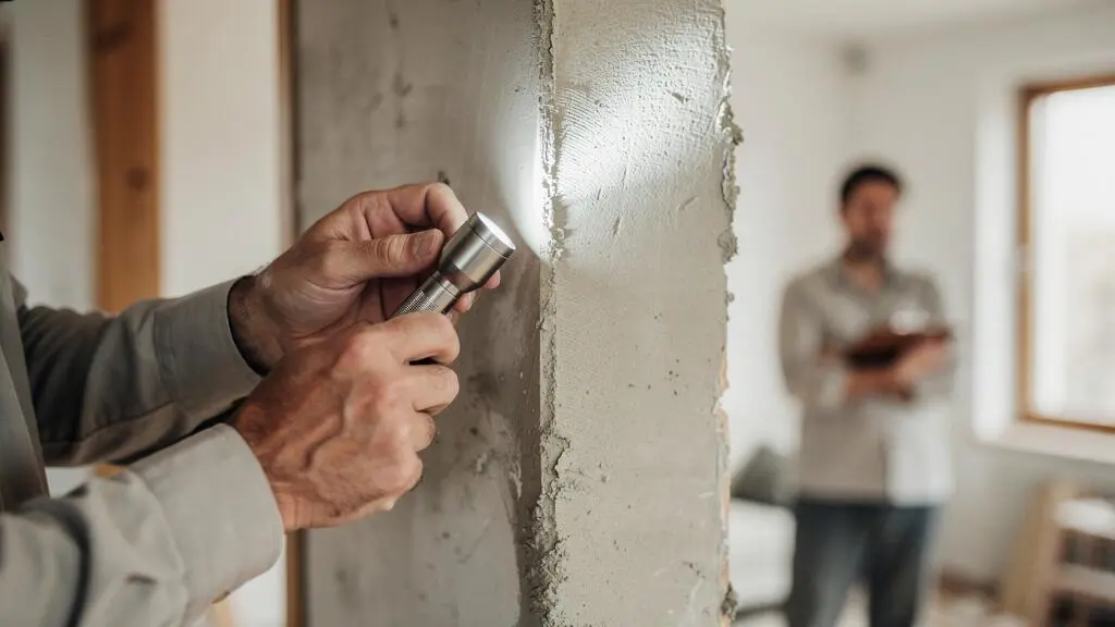 Persona inspeccionando de cerca el acabado de una pared recién reformada con una linterna, comprobando la calidad del trabajo