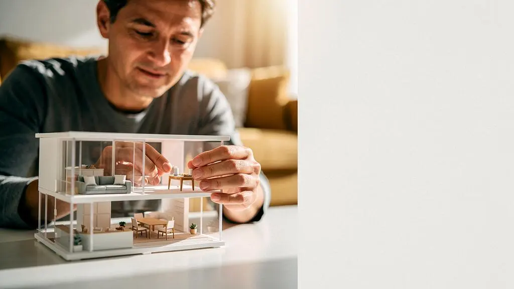 Persona observando una maqueta arquitectónica translúcida iluminada que representa la planificación de una reforma antes de tomar decisiones costosas